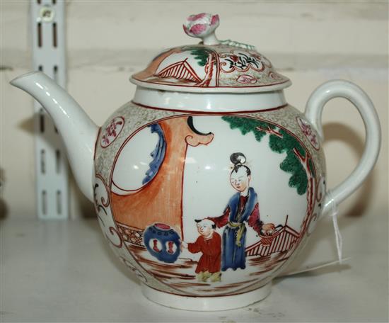A large Worcester polychrome globular teapot and cover, c.1770, height 6.5in.